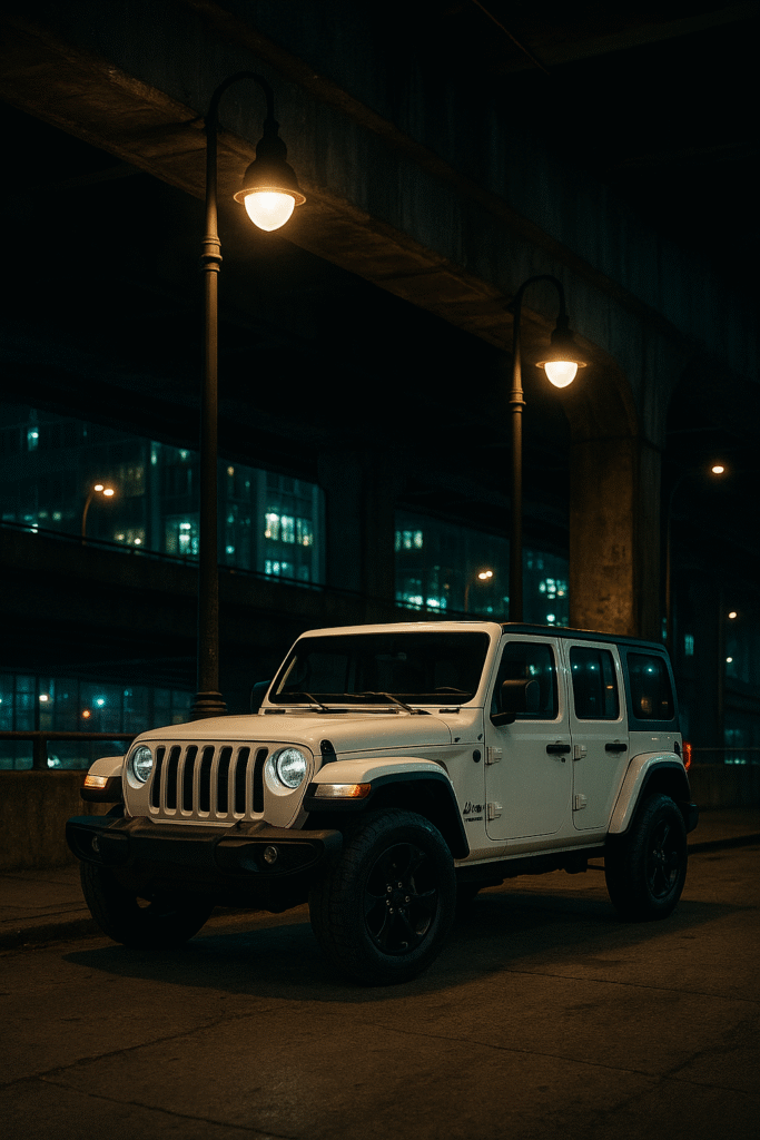 White Jeep Wrangler with black wheels parked under a lit city bridge at night.